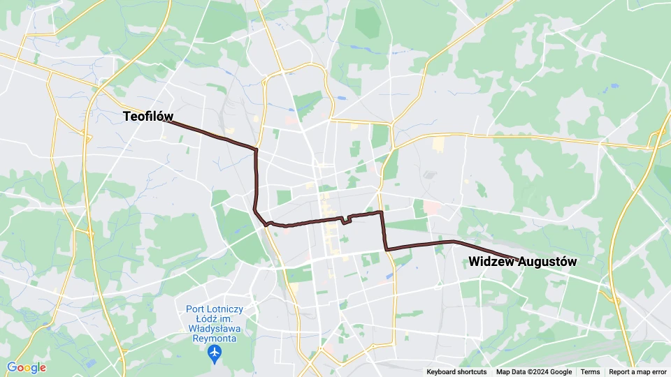Łódź Straßenbahnlinie 13: Widzew Augustów - Teofilów Linienkarte