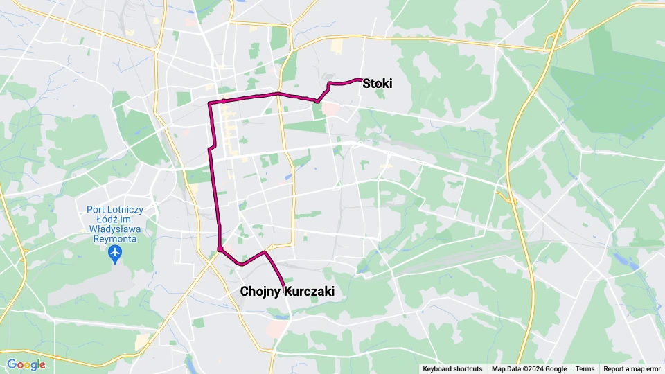 Łódź Straßenbahnlinie 15: Chojny Kurczaki - Stoki Linienkarte