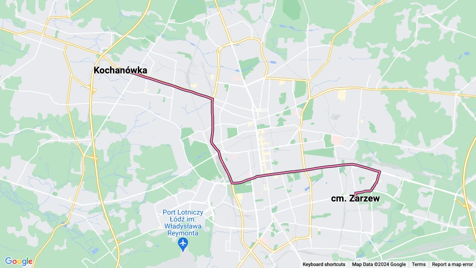 Łódź Straßenbahnlinie 8: Kochanówka - cm. Zarzew Linienkarte