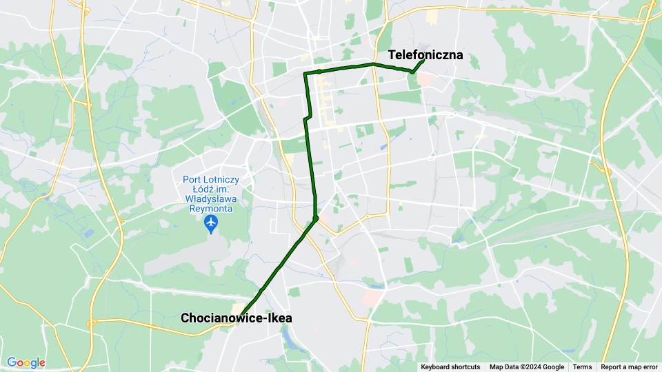 Łódź Zusätzliche Linie 15A: Chocianowice-Ikea - Telefoniczna Linienkarte
