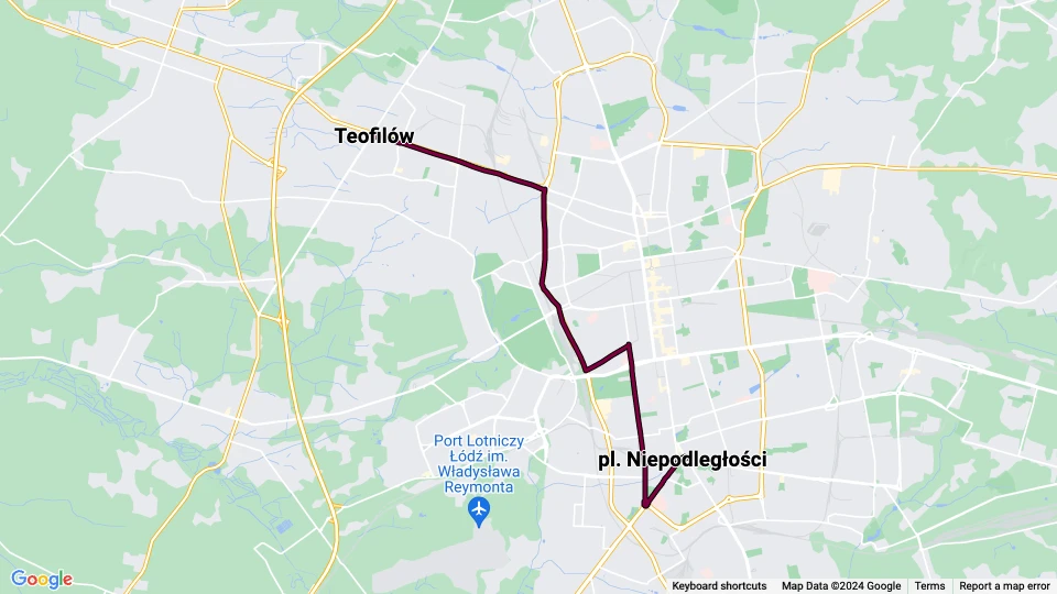 Łódź Zusätzliche Linie 16: Teofilów - pl. Niepodległości Linienkarte