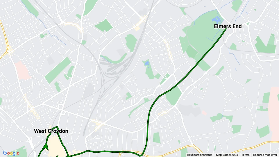 London Straßenbahnlinie 1: Elmers End - West Croydon Linienkarte