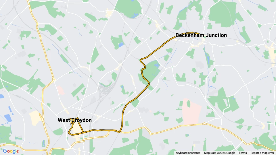 London Straßenbahnlinie 2: West Croydon - Beckenham Junction Linienkarte