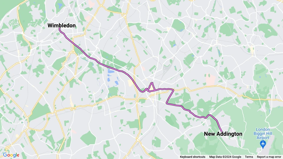 London Straßenbahnlinie 3: Wimbledon - New Addington Linienkarte