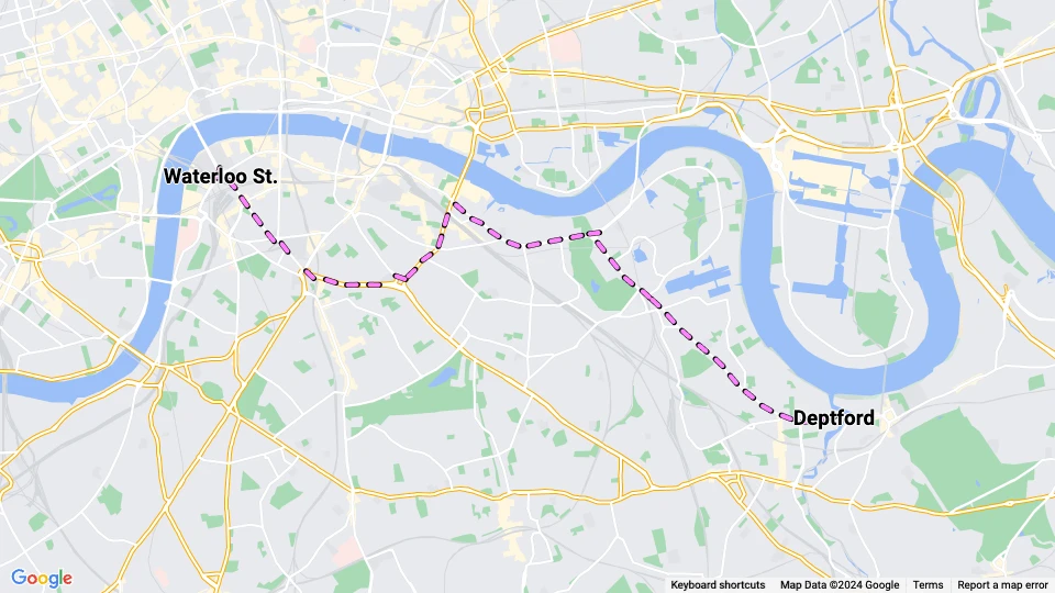 London Straßenbahnlinie 68: Waterloo St. - Deptford Linienkarte