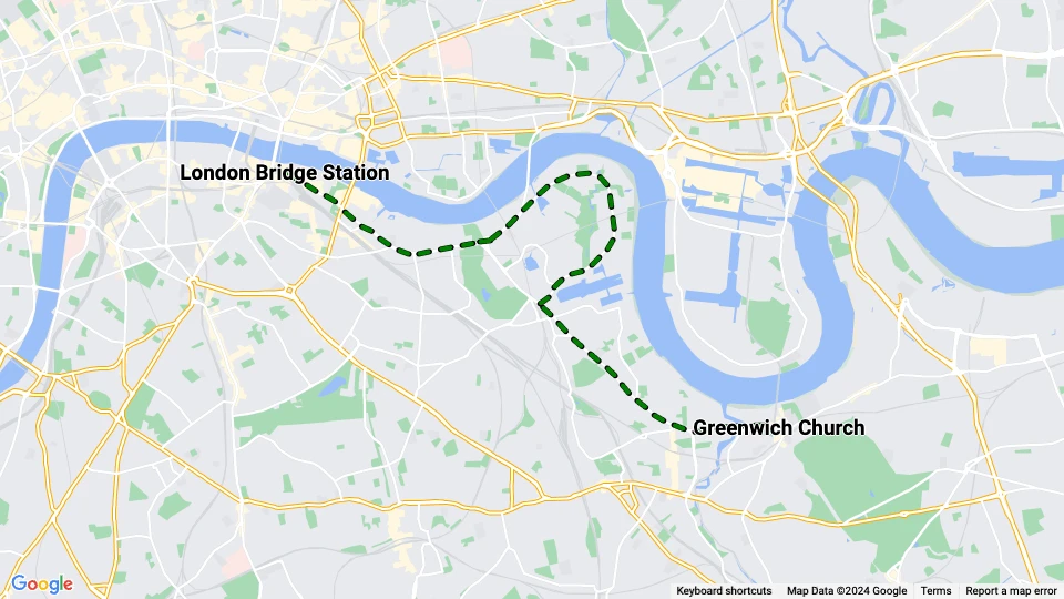 London Straßenbahnlinie 70: London Bridge Station - Greenwich Church Linienkarte