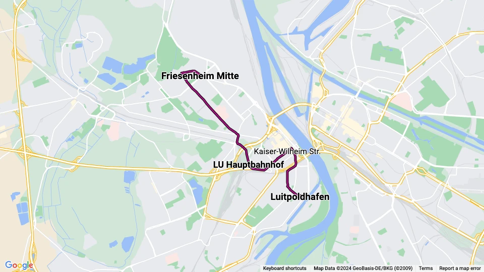Ludwigshafen am Rhein Straßenbahnlinie 10: Friesenheim Mitte - Luitpoldhafen Linienkarte