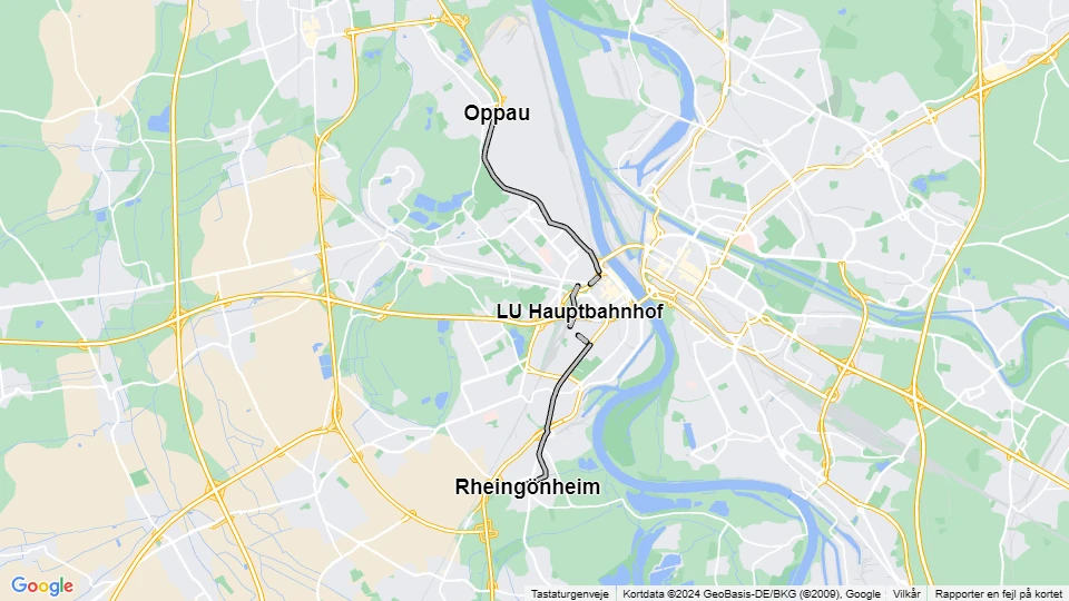 Ludwigshafen am Rhein Straßenbahnlinie 12: Oppau - Rheingönheim Linienkarte