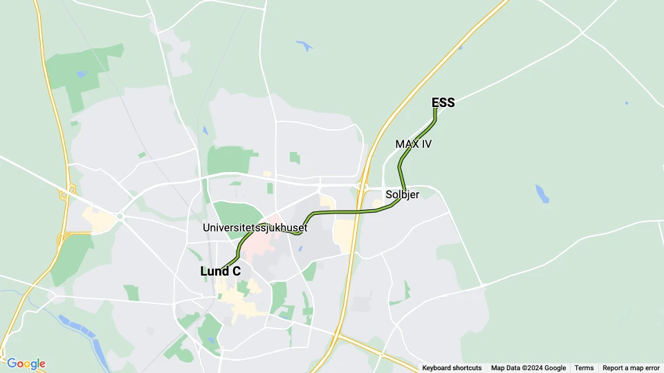 Lund Straßenbahnlinie 1: ESS - Lund C Linienkarte