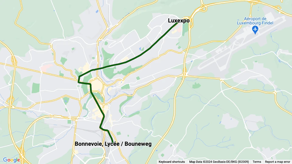 Luxemburg Luxtram: Luxexpo - Bonnevoie, Lycée / Bouneweg Linienkarte