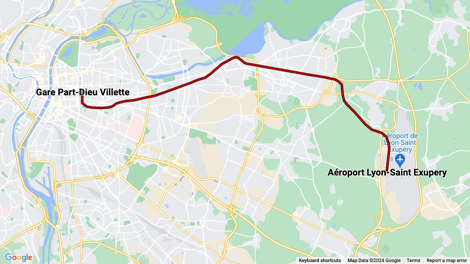 Lyon Rhônexpress: Gare Part-Dieu Villette - Aéroport Lyon-Saint Exupery Linienkarte
