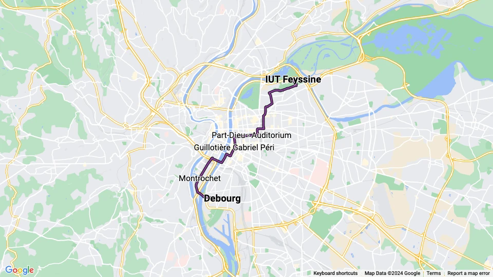Lyon Straßenbahnlinie T1: Debourg - IUT Feyssine Linienkarte