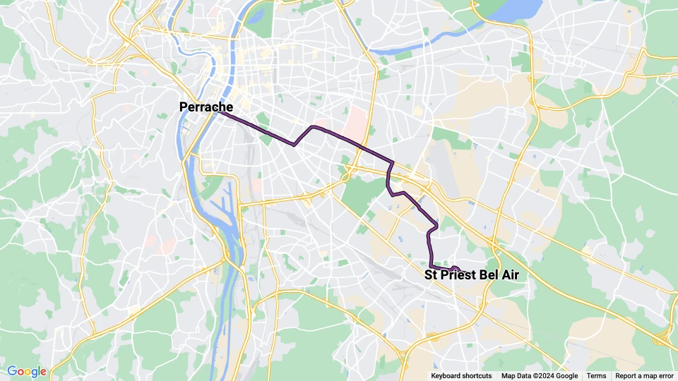 Lyon Straßenbahnlinie T2: Perrache - St Priest Bel Air Linienkarte