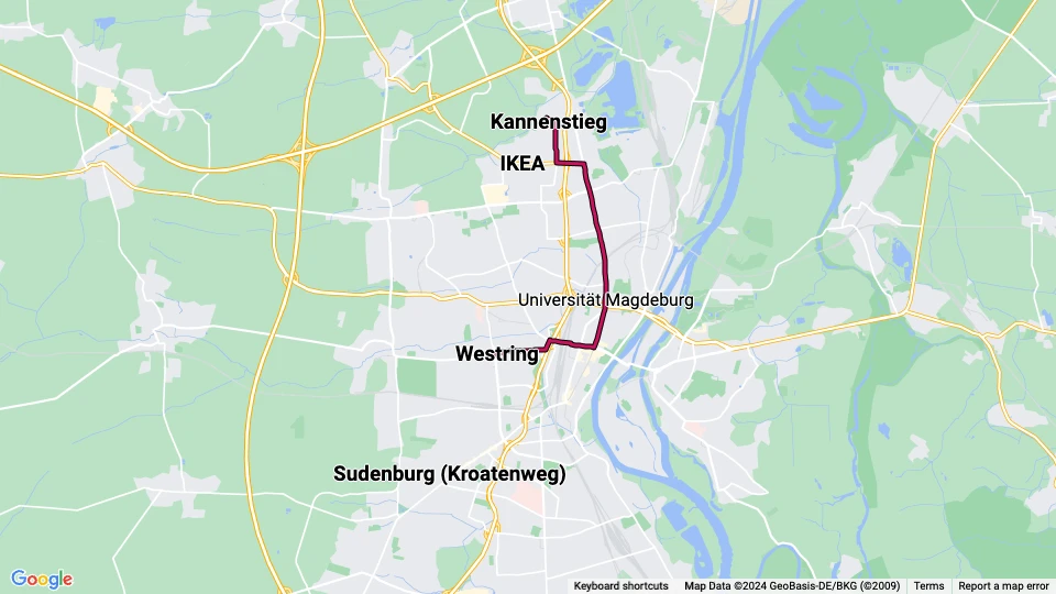 Magdeburg Straßenbahnlinie 1: Kannenstieg - Westring Linienkarte