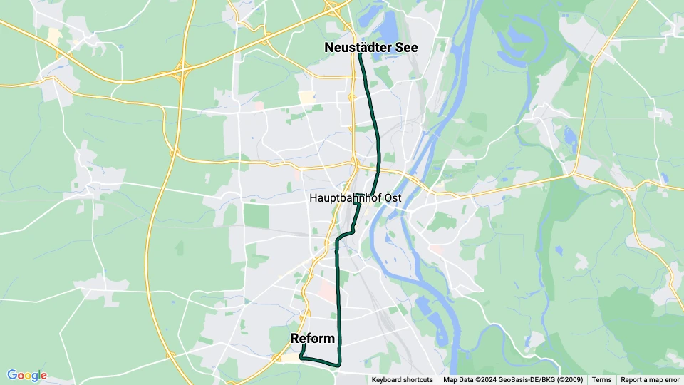 Magdeburg Straßenbahnlinie 9: Neustädter See - Reform Linienkarte