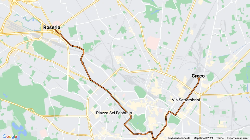 Mailand Straßenbahnlinie 1: Greco - Roserio Linienkarte