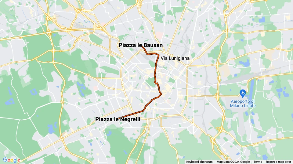 Mailand Straßenbahnlinie 2: Piazza le Bausan - Piazza le Negrelli Linienkarte