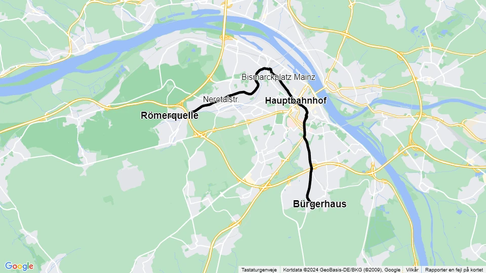 Mainz Straßenbahnlinie 50: Römerquelle - Bürgerhaus Linienkarte