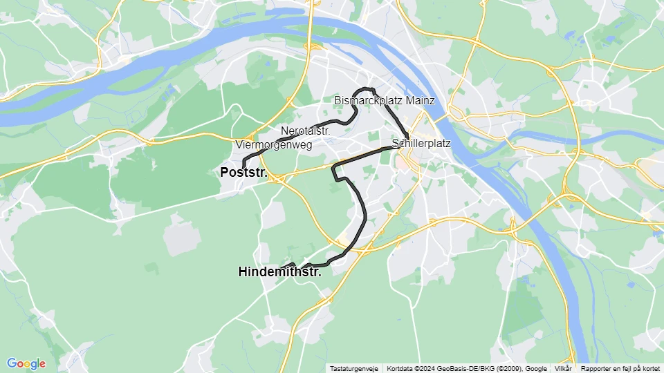 Mainz Straßenbahnlinie 51: Poststr. - Hindemithstr. Linienkarte