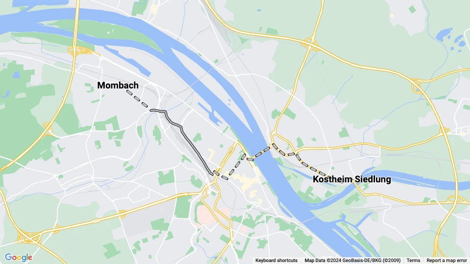 Mainz Straßenbahnlinie 7: Kostheim Siedlung - Mombach Linienkarte