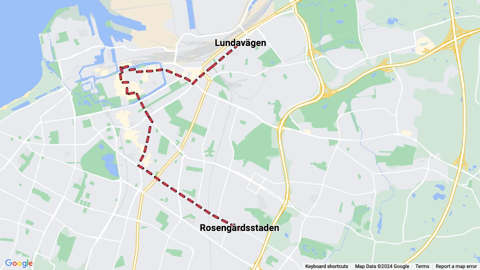 Malmö Straßenbahnlinie 1: Lundavägen - Rosengårdsstaden Linienkarte