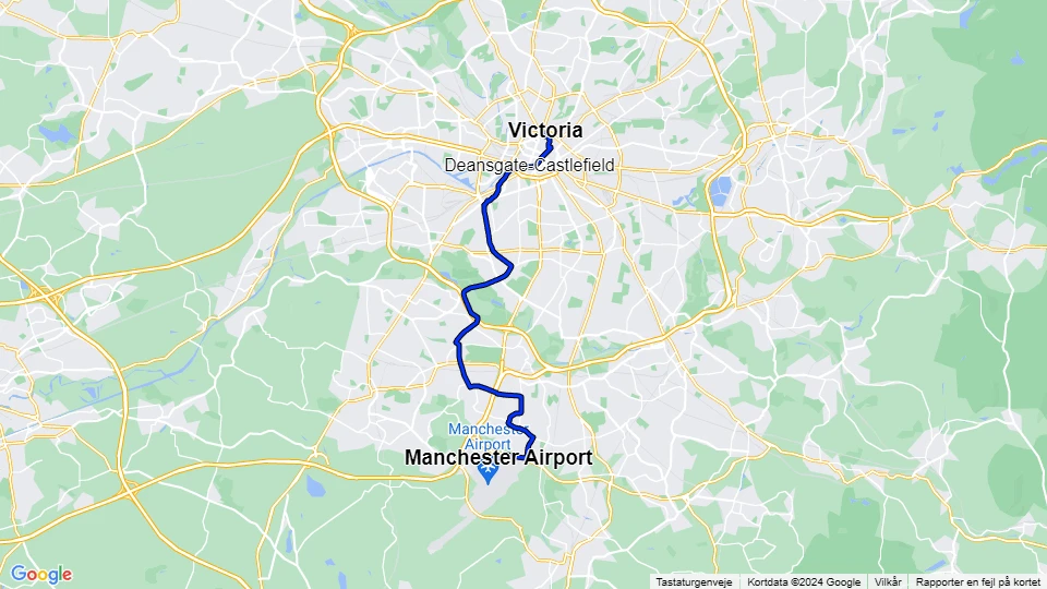 Manchester Straßenbahnlinie Blau: Manchester Airport - Victoria Linienkarte