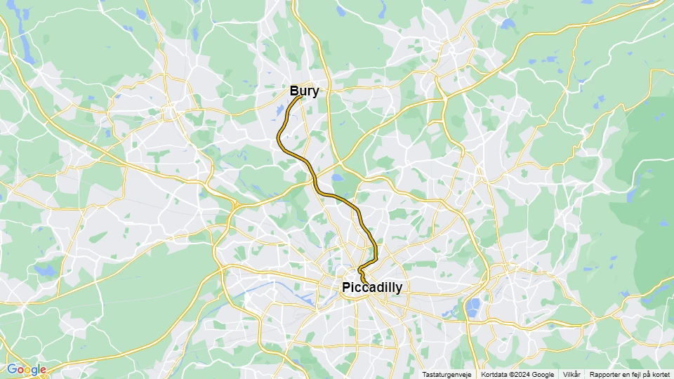 Manchester Straßenbahnlinie Gelb: Bury - Piccadilly Linienkarte