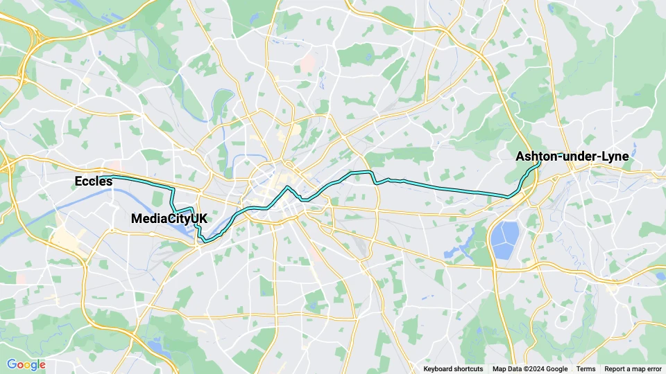 Manchester Straßenbahnlinie Hellblau: Eccles - Ashton-under-Lyne Linienkarte