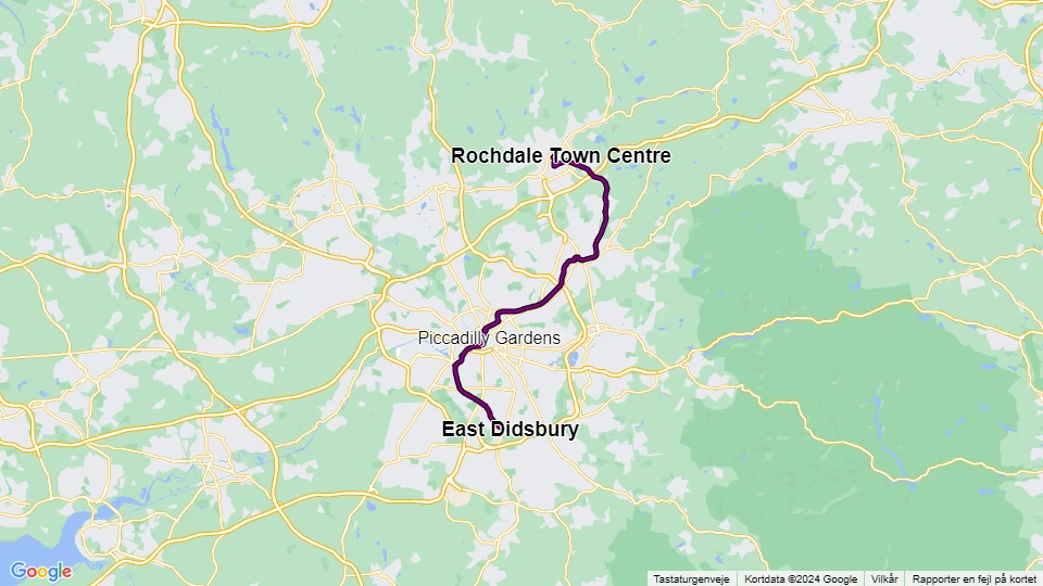 Manchester Straßenbahnlinie Lila: East Didsbury - Rochdale Town Centre Linienkarte