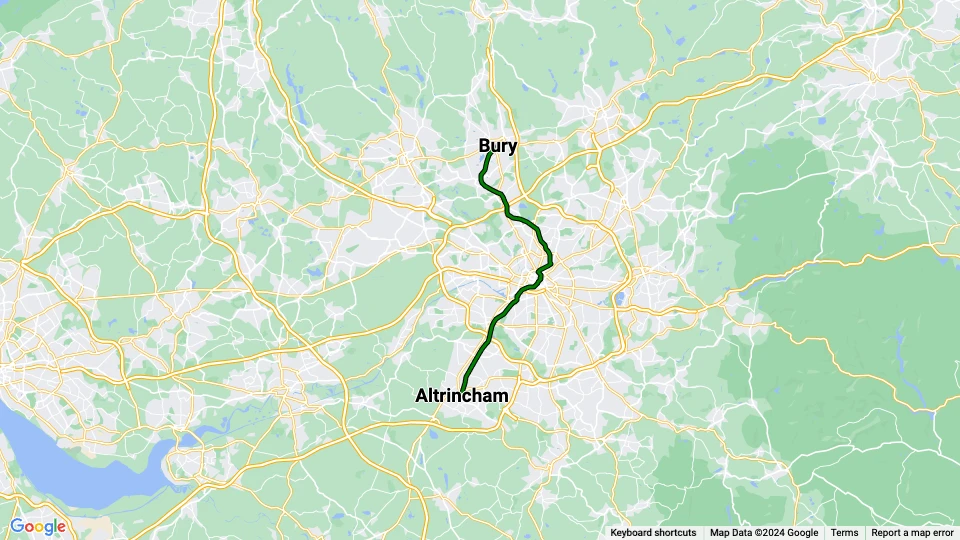 Manchester Zusätzliche Linie 1: Altrincham - Bury Linienkarte