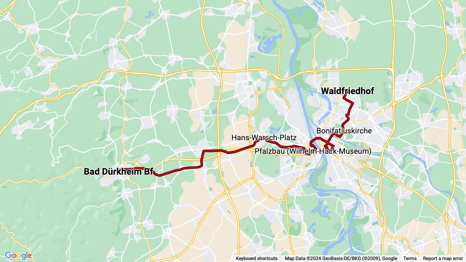 Mannheim Regionallinie 4: Waldfriedhof - Bad Dürkheim Bf Linienkarte