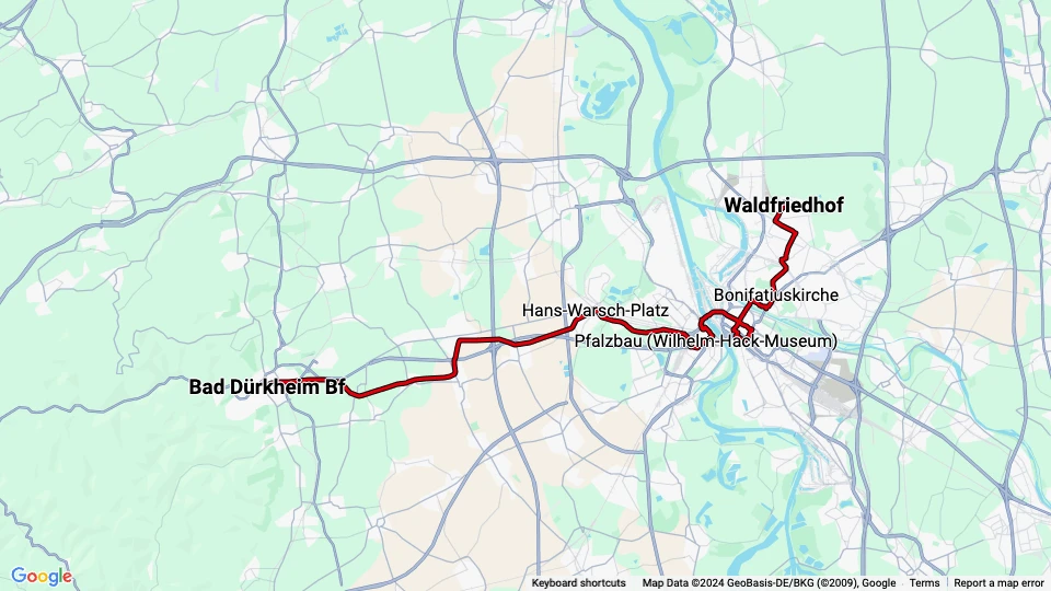 Mannheim Rhein-Haardtbahn 4: Waldfriedhof - Bad Dürkheim Bf Linienkarte