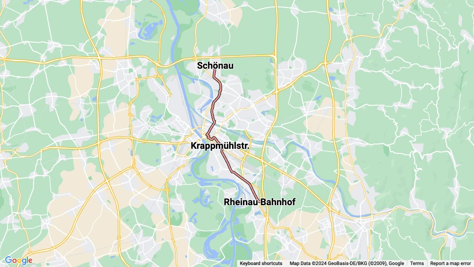 Mannheim Straßenbahnlinie 1: Schönau - Rheinau Bahnhof Linienkarte