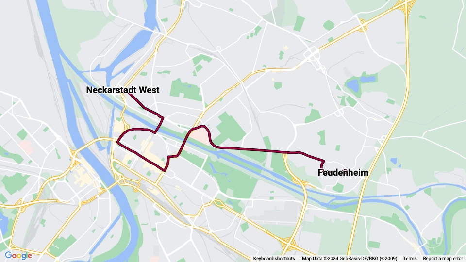 Mannheim Straßenbahnlinie 2: Feudenheim - Neckarstadt West Linienkarte