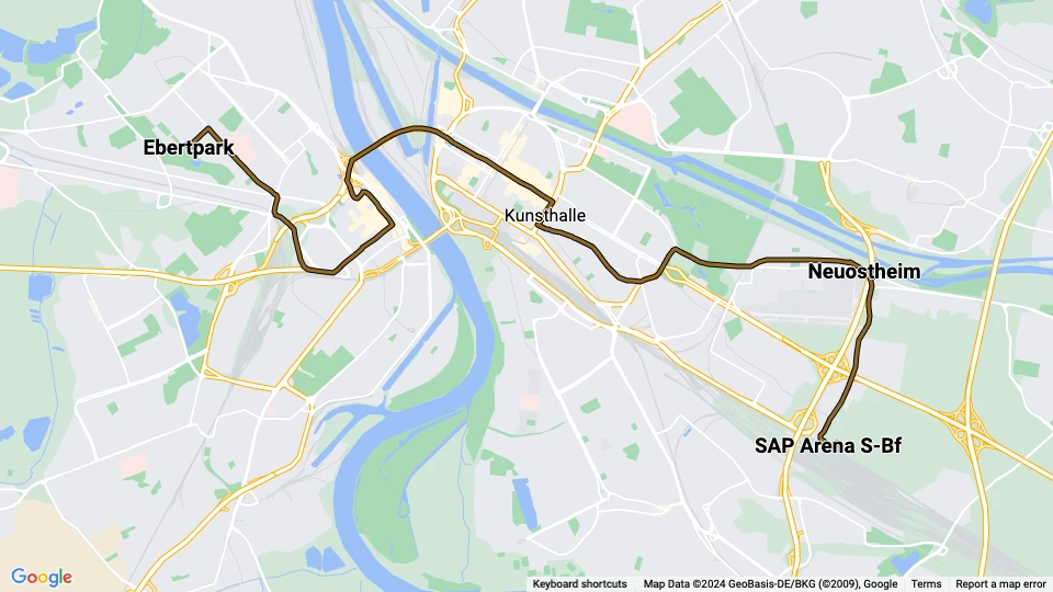 Mannheim Straßenbahnlinie 6: Ebertpark - SAP Arena S-Bf Linienkarte
