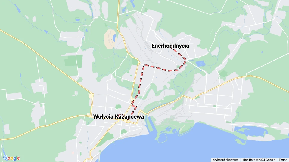 Mariupol Straßenbahnlinie 1: Enerhodilnycia - Wułycia Kazancewa Linienkarte