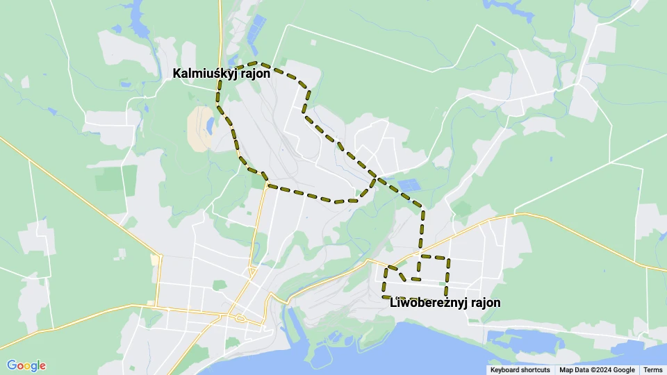 Mariupol Straßenbahnlinie 11: Liwobereżnyj rajon - Kalmiuśkyj rajon Linienkarte
