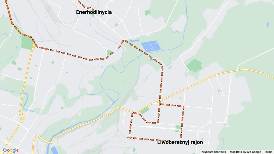 Mariupol Straßenbahnlinie 9: Enerhodilnycia - Liwobereżnyj rajon Linienkarte