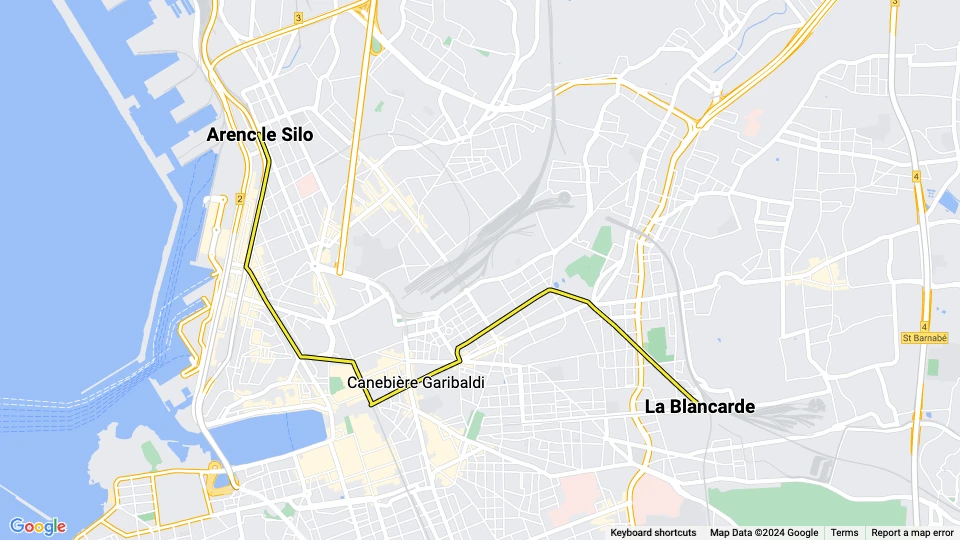Marseille Straßenbahnlinie T2: Arenc le Silo - La Blancarde Linienkarte