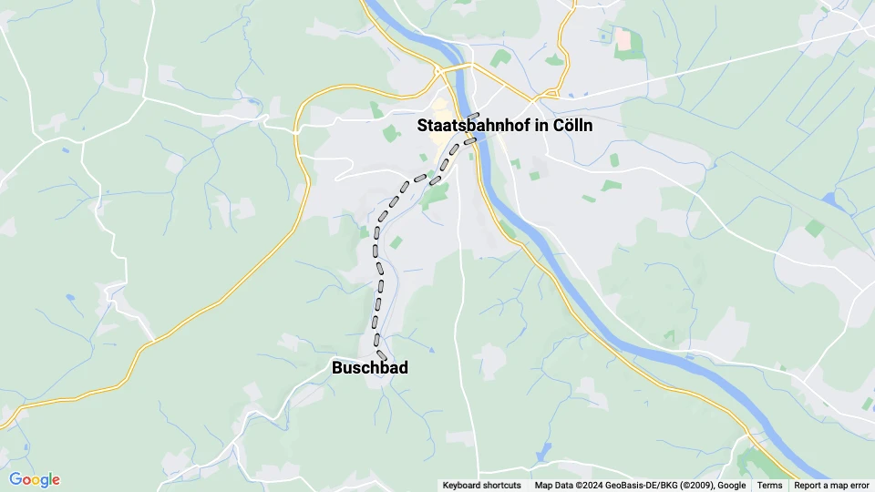 Meißen Straßenbahnlinie: Staatsbahnhof in Cölln - Buschbad Linienkarte