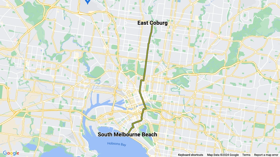 Melbourne Straßenbahnlinie 1: East Coburg - South Melbourne Beach Linienkarte