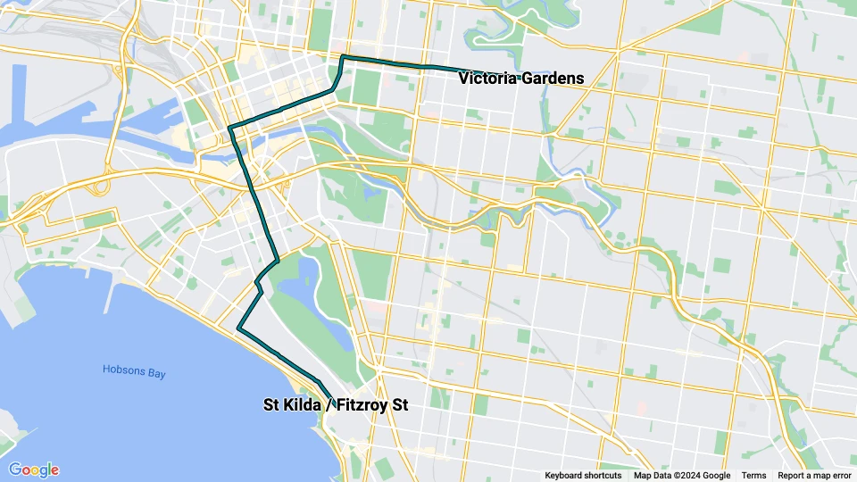 Melbourne Straßenbahnlinie 12: Victoria Gardens - St Kilda / Fitzroy St Linienkarte