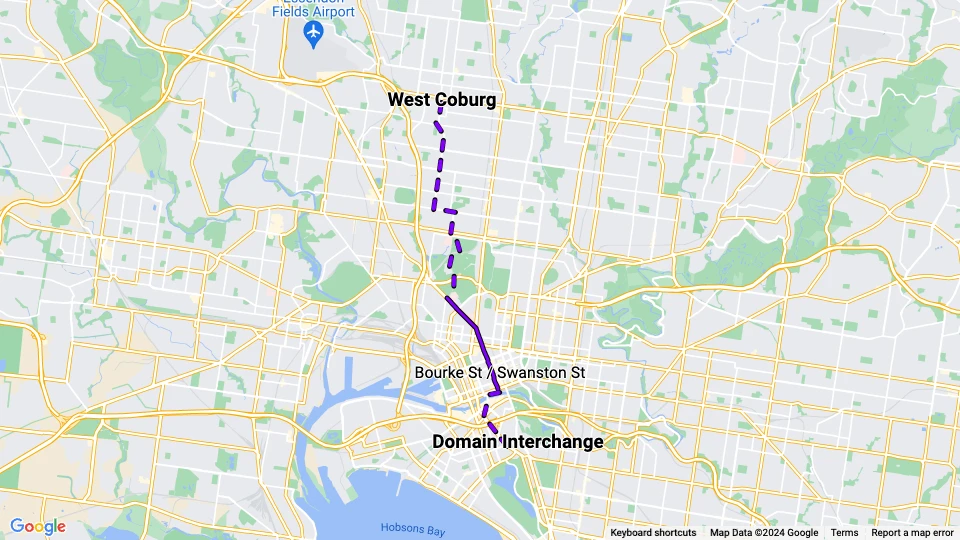 Melbourne Straßenbahnlinie 55: West Coburg - Domain Interchange Linienkarte