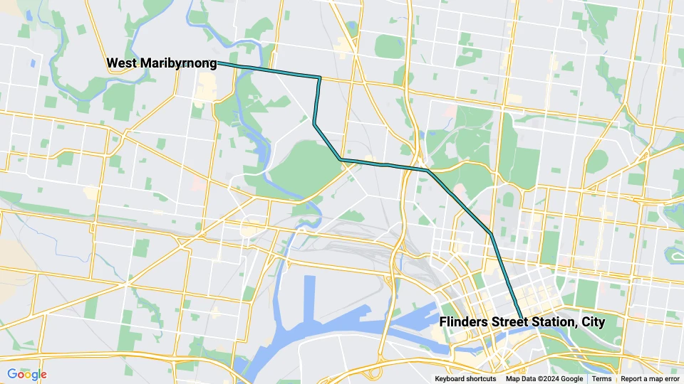 Melbourne Straßenbahnlinie 57: West Maribyrnong - Flinders Street Station, City Linienkarte