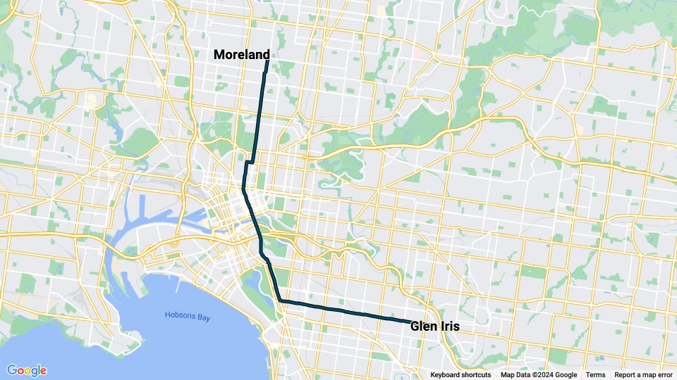 Melbourne Straßenbahnlinie 6: Moreland - Glen Iris Linienkarte