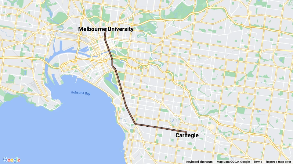 Melbourne Straßenbahnlinie 67): Melbourne University - Carnegie Linienkarte