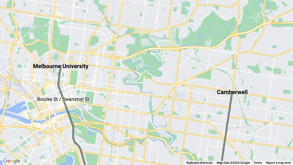 Melbourne Straßenbahnlinie 72: Melbourne University - Camberwell Linienkarte