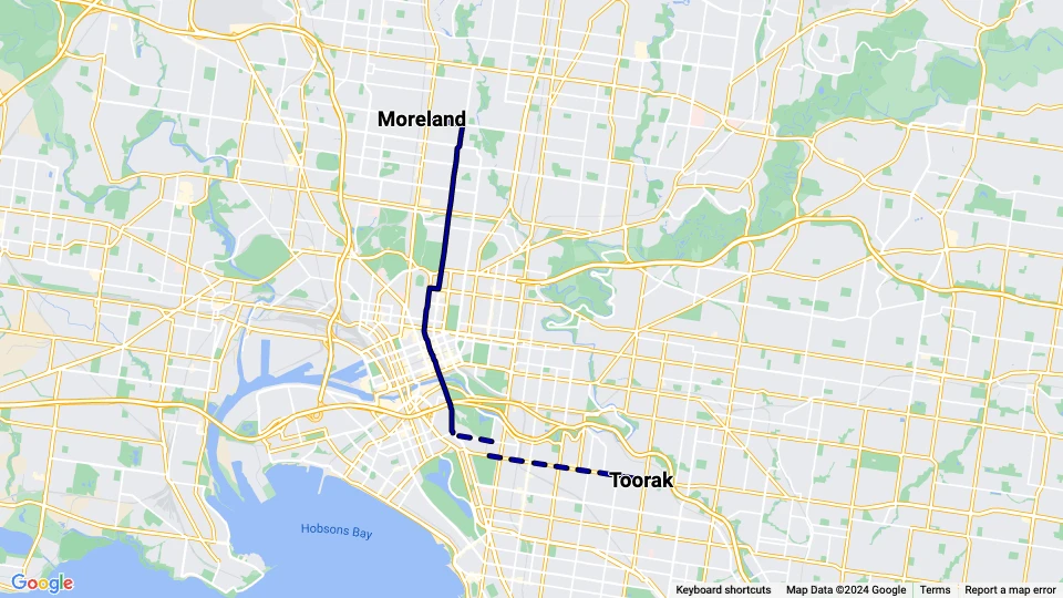 Melbourne Straßenbahnlinie 8: Moreland - Toorak Linienkarte