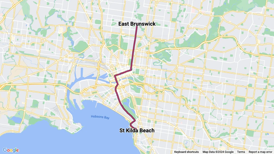 Melbourne Straßenbahnlinie 96): East Brunswick - St Kilda Beach Linienkarte