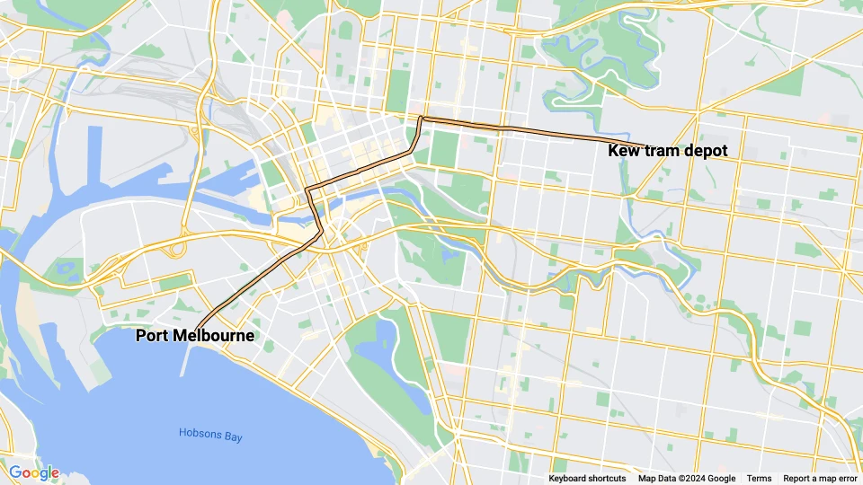 Melbourne Zusätzliche Linie 109d: Port Melbourne - Kew tram depot Linienkarte